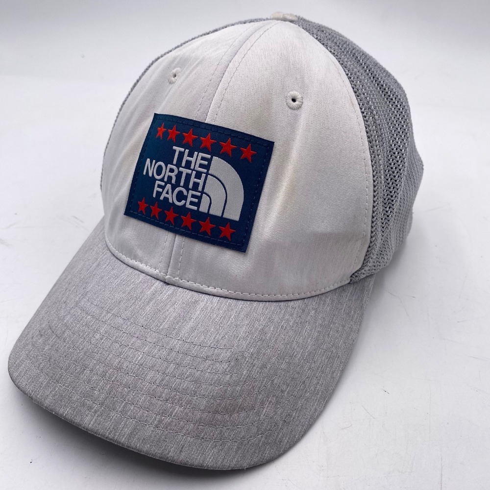 The North Face Flexfit Trucker Hat Cap XL Grey White Patriotic Logo Mesh Back